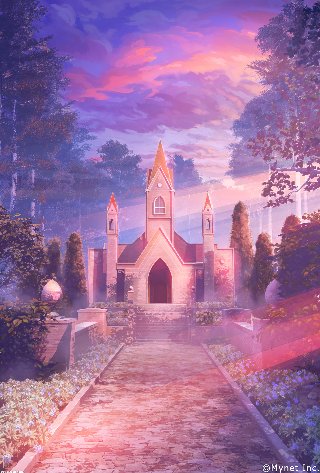 angelmaster arsenixc bush church clouds cloudy_sky commentary_request door forest grass highres nature no_humans outdoors path plant road scenery sky stairs sunlight sunset tree watermark