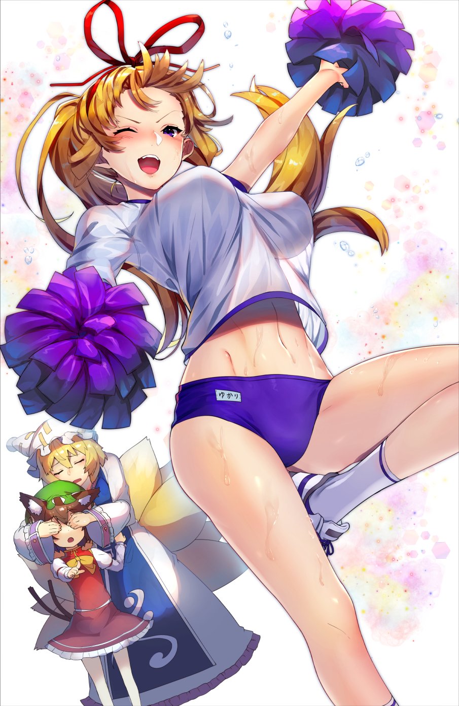 3girls ;d alternate_hairstyle arm_up blonde_hair blush breasts brown_hair buruma cat cat_tail cheerleader chen closed_eyes covering_another's_eyes crop_top dress dutch_angle folded_leg gym_uniform hair_ribbon hat highres large_breasts leg_lift long_hair midriff mob_cap multiple_girls multiple_tails navel one_eye_closed open_mouth pointing pom_pom_(clothes) ponytail ribbon see-through_silhouette shoes short_hair simple_background skirt smile sneakers socks sukocchi sweat tail touhou violet_eyes white_legwear yakumo_ran yakumo_yukari