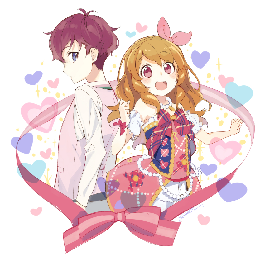 1boy 1girl :d aikatsu! bangs blue_eyes blush booota brown_hair closed_mouth commentary_request detached_sleeves dress eyebrows_visible_through_hair frilled_dress frills hair_between_eyes jacket long_hair long_sleeves looking_at_viewer looking_to_the_side maroon_hair oozora_akari open_mouth outstretched_arms pink_dress pink_eyes pink_jacket ribbon sena_tsubasa shirt short_sleeves smile spread_arms white_shirt