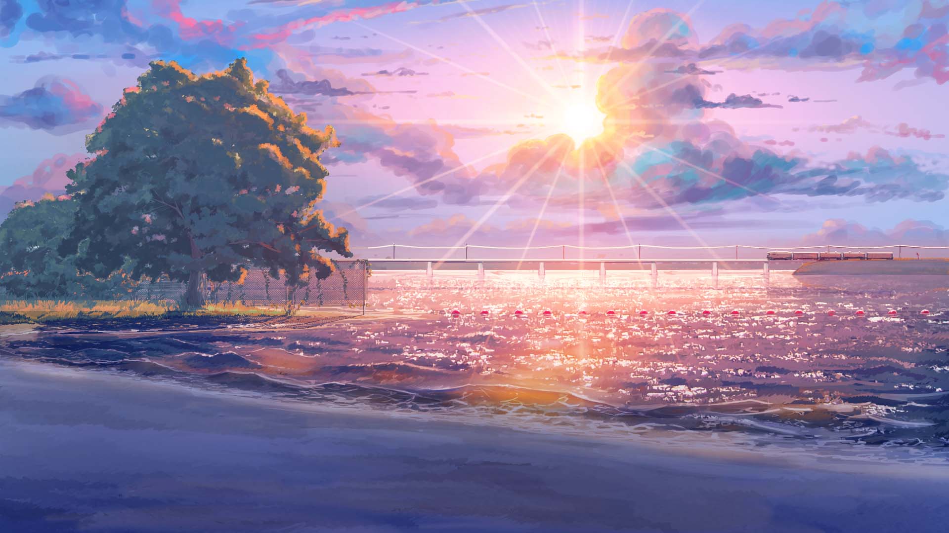 arsenixc beach bridge clouds cloudy_sky commentary day everlasting_summer gradient_sky ground_vehicle highres no_humans outdoors power_lines purple_sky reflection sand scenery shore sky sun sunlight train tree waves