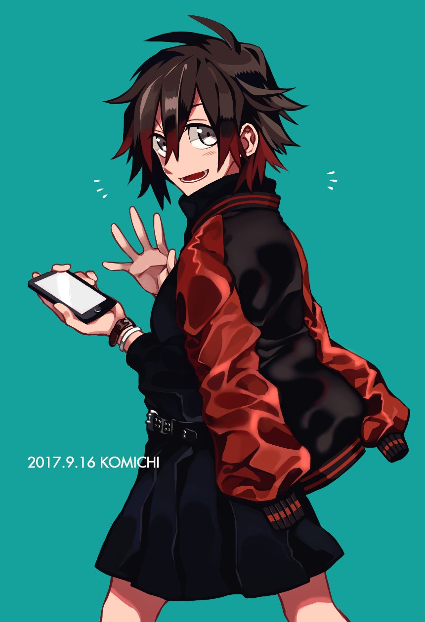 1girl artist_name cellphone dated grey_eyes highres hosomitimiti jacket_over_shoulder looking_at_viewer phone redhead ruby_rose rwby smartphone solo waving