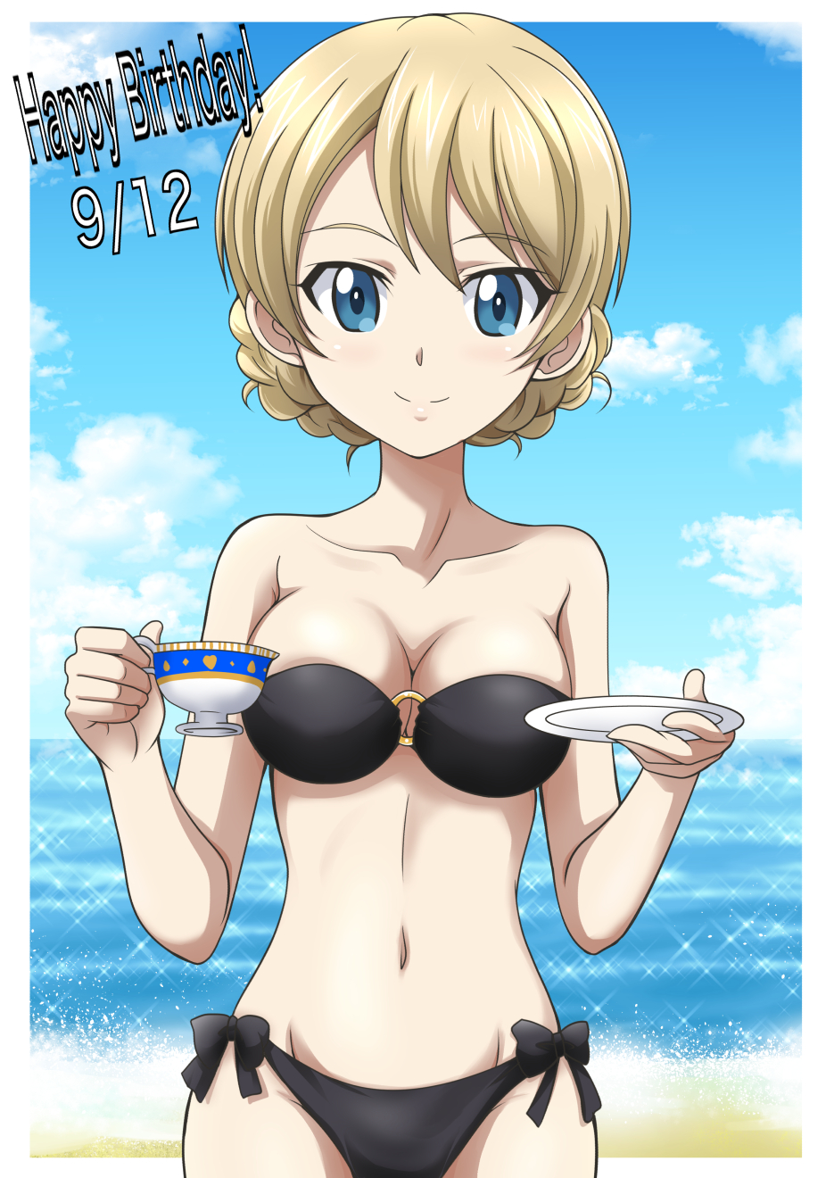 1girl bare_shoulders bikini black_bikini blonde_hair blue_eyes blue_sky braid breasts closed_mouth clouds cup darjeeling dated day girls_und_panzer hanzou happy_birthday highres looking_at_viewer medium_breasts navel o-ring_bikini ocean short_hair side-tie_bikini sky smile solo swimsuit teacup