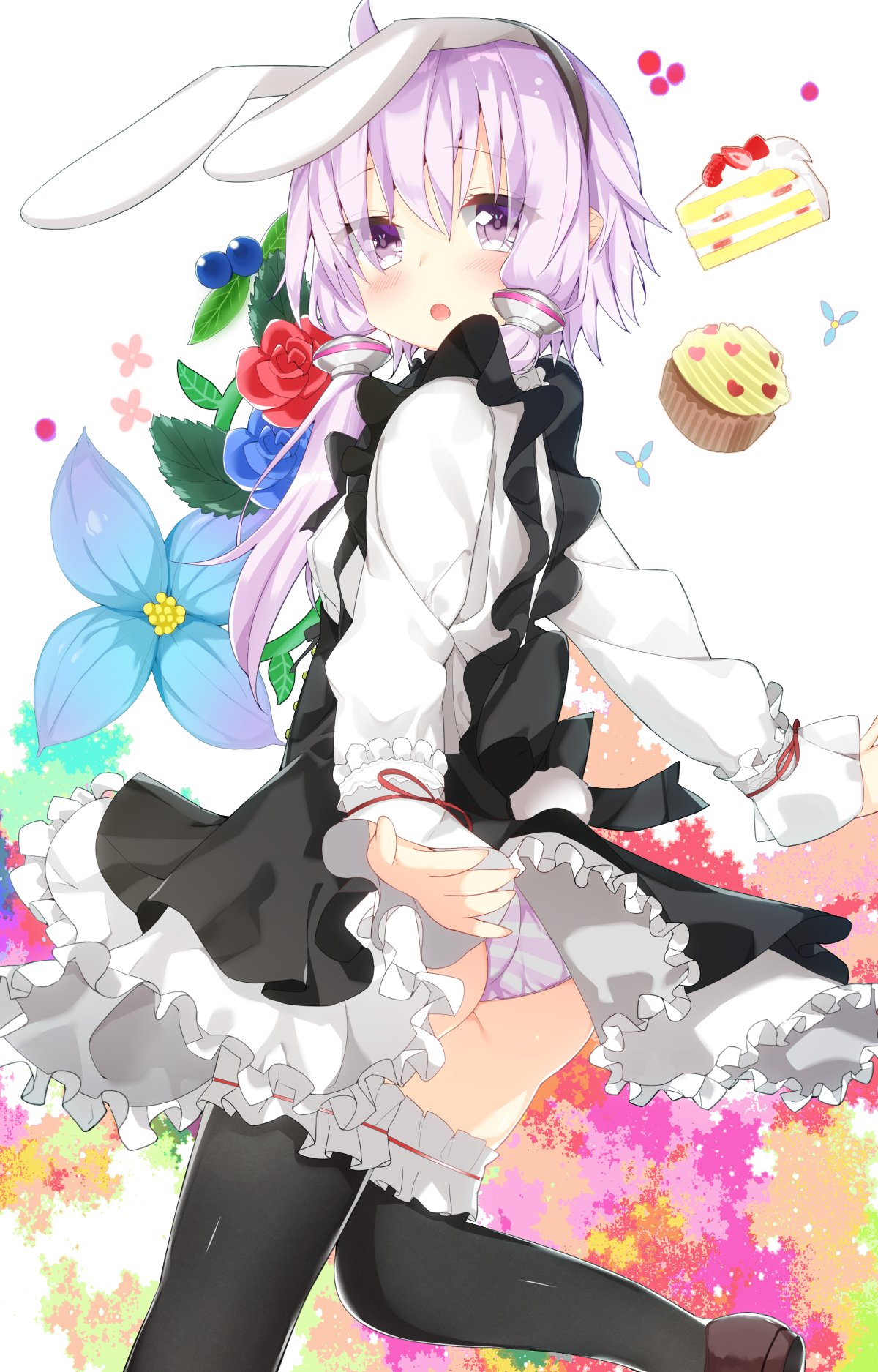 1girl :o animal_ears ass black_legwear cake cupcake flower food garters gothic_lolita highres jpeg_artifacts kamioka_shun'ya loafers lolita_fashion low_twintails maid pink_eyes pink_hair rabbit_ears shoes slice_of_cake solo striped striped_legwear thigh-highs twintails voiceroid yuzuki_yukari