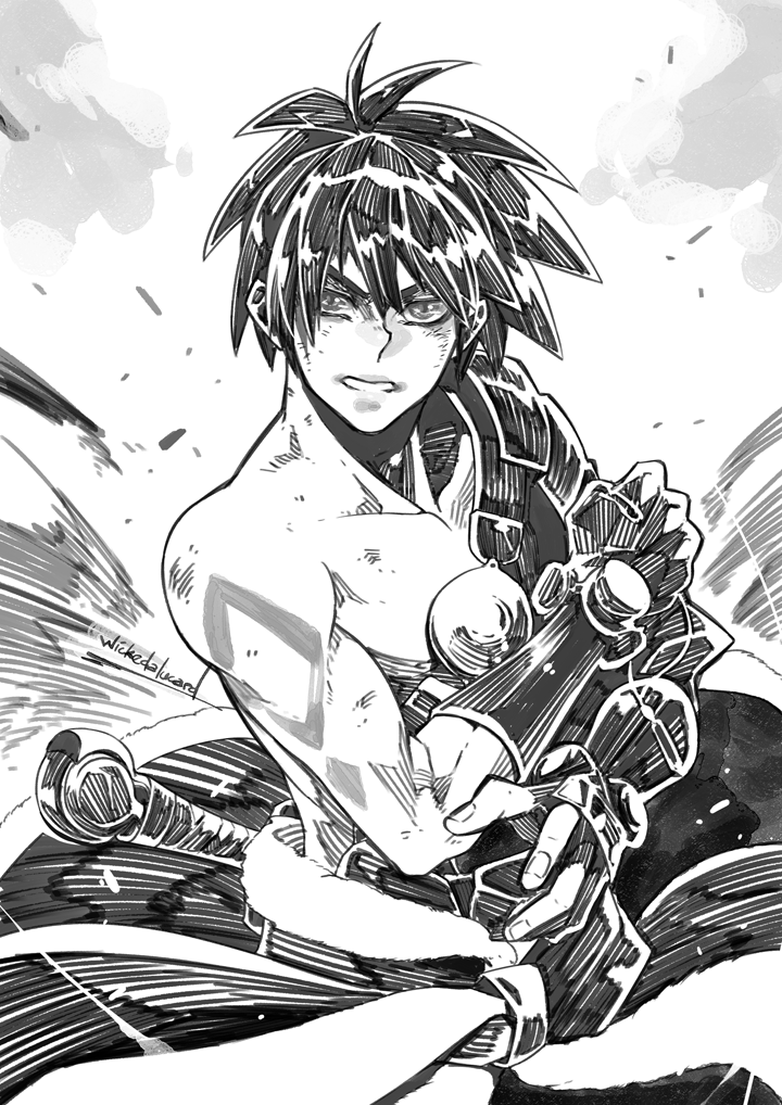 1boy cowboy_shot fingerless_gloves gloves greyscale ian_olympia looking_at_viewer male_focus messy_hair monochrome serious signature solo spiky_hair tenkuu_no_escaflowne traditional_media van_fanel