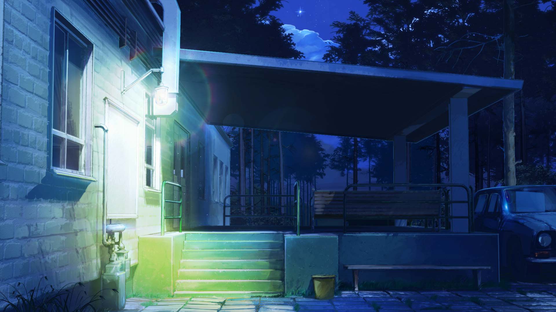arsenixc bench bucket building car clouds commentary door everlasting_summer fence forest grass ground_vehicle highres lamp motor_vehicle nature night night_sky outdoors scenery sky stairs star_(sky) starry_sky tree window