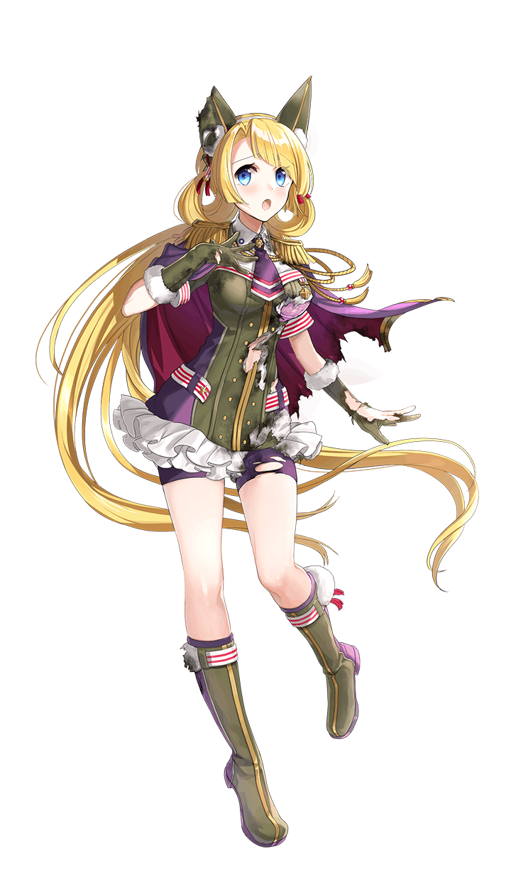 1girl :o alberta_wedemeyer alternate_costume bike_shorts blonde_hair blue_eyes blush boots breasts formation_girls full_body gloves hand_on_own_chest highres kazune_(baumkuchen) long_hair looking_at_viewer medal medium_breasts military military_jacket military_uniform necktie official_art one_eye_closed open_mouth solo standing torn_clothes transparent_background uniform very_long_hair