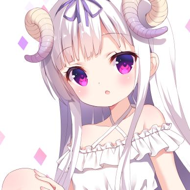 1girl :o bangs bare_shoulders blunt_bangs blush chitosezaka_suzu collarbone commentary_request criss-cross_halter dress eyebrows_visible_through_hair frilled_dress frills hair_ribbon halterneck hand_on_own_knee horns long_hair lowres original parted_lips purple_ribbon ribbon sheep_horns simple_background solo sundress violet_eyes white_background white_dress white_hair