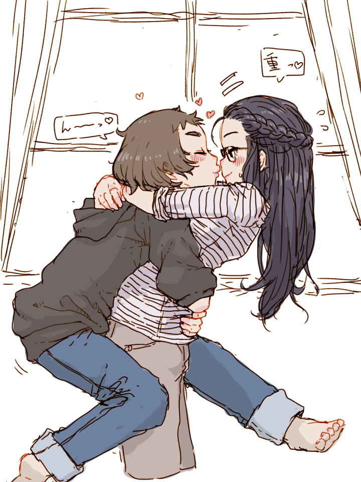 2girls black_hair black_hoodie blush brown_hair closed_eyes cropped_legs denim glasses heart hood hoodie hug jeans long_hair m_k multiple_girls original pants pants_rolled_up puckered_lips short_hair sketch smile speech_bubble sweatdrop wife_and_wife yuri