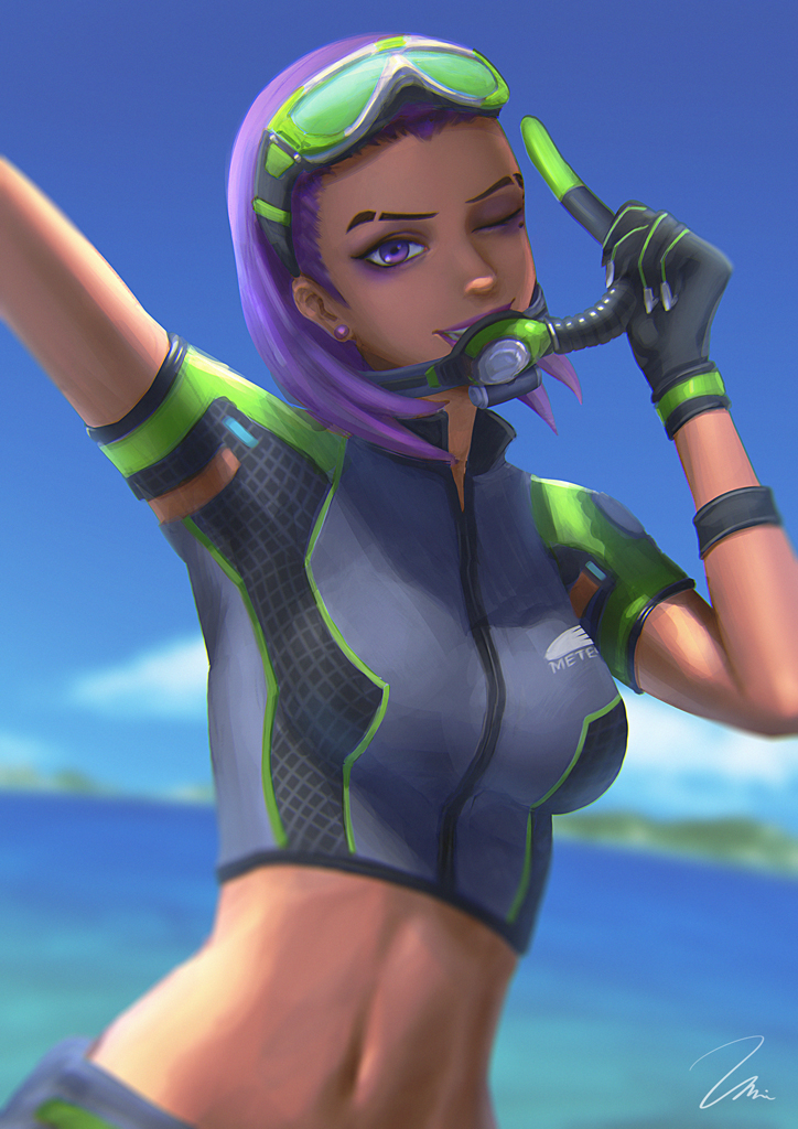 1girl ;) alternate_costume black_gloves breasts crop_top dark_skin earrings gloves goggles goggles_on_head jewelry lipstick makeup medium_breasts navel ocean one_eye_closed overwatch purple_hair purple_lipstick rash_guard self_shot smile snorkel solo sombra_(overwatch) stomach stud_earrings swimwear tulum_sombra umigraphics violet_eyes