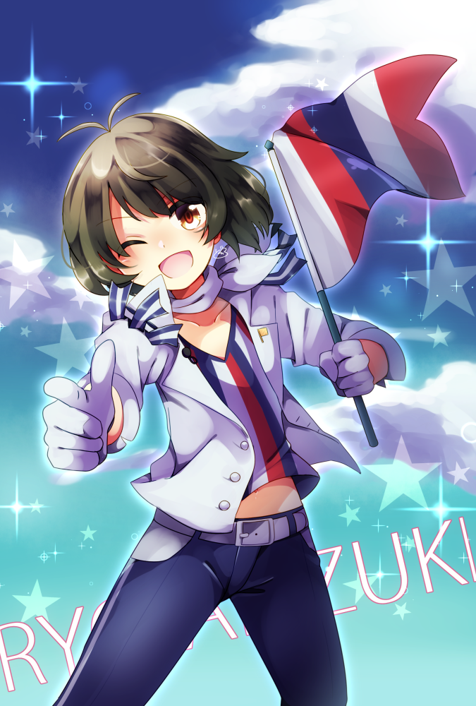 1boy akizuki_ryou antenna_hair blazer brown_eyes character_name clouds cowboy_shot doroshii f-lags_(idolmaster) finger_gun flag gloves idolmaster idolmaster_side-m jacket looking_at_viewer solo standing star_(sky) white_gloves