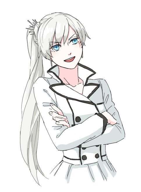 1girl alternate_costume blue_eyes commentary_request earrings eyebrows_visible_through_hair jewelry ponytail rwby scar scar_across_eye solo weiss_schnee white_hair