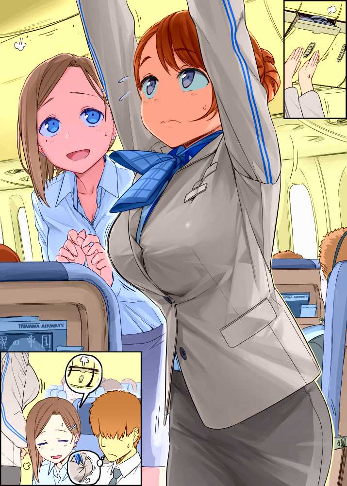 2boys 2girls =_= airplane_interior arms_up bangs blush breasts buttons character_request check_commentary closed_mouth collared_shirt colorized comic commentary_request cowboy_shot dress_shirt eyebrows_visible_through_hair flight_attendant flying_sweatdrops frown hair_ornament hair_over_eyes hairclip headphones himura_kiseki kouhai-chan_(tawawa) large_breasts long_sleeves looking_up luggage motion_lines multiple_boys multiple_girls necktie nervous_smile parted_bangs pencil_skirt pocket revision seat shirt short_hair sigh skirt speech_bubble standing sweat tareme thought_bubble wing_collarrngetsuyoubi_no_tawawa
