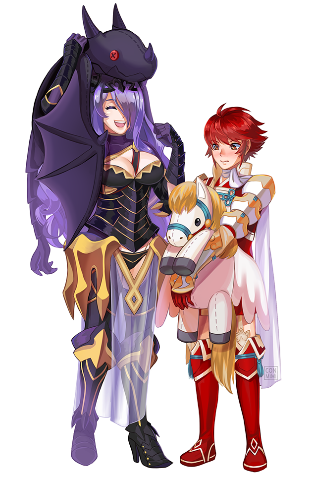 2girls armor blush breasts camilla_(fire_emblem_if) cape cleavage cleavage_cutout closed_eyes conmimi embarrassed fire_emblem fire_emblem_if hinoka_(fire_emblem_if) holding long_hair multiple_girls purple_hair red_eyes redhead simple_background smile stuffed_toy wavy_hair white_background