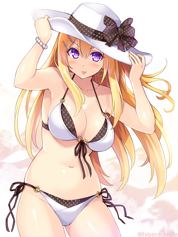1girl :p adjusting_clothes adjusting_hat bikini blonde_hair blush bow breasts cleavage hair_ornament hairclip hat hat_bow hisenkaede large_breasts long_hair original polka_dot polka_dot_bikini side-tie_bikini smile solo swimsuit tongue tongue_out violet_eyes white_bikini