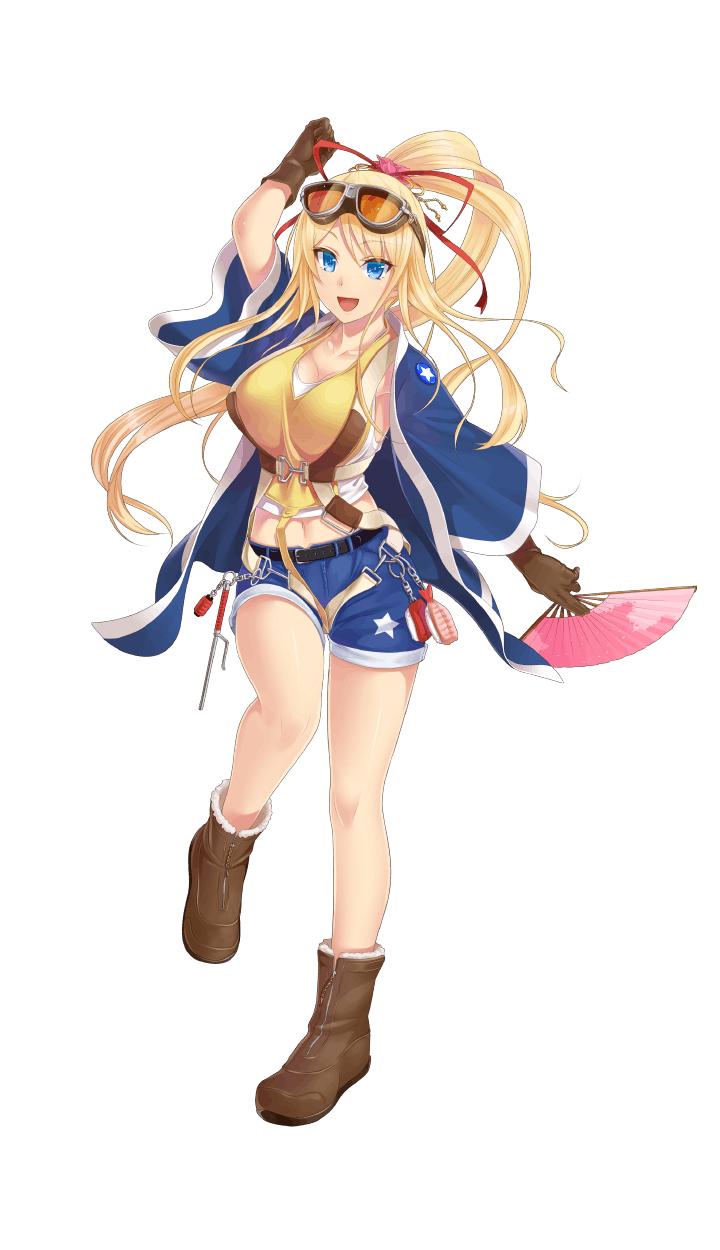 1girl :d blonde_hair blue_eyes boots breasts brown_boots brown_gloves emma_irene_matsunaga fan formation_girls full_body gloves hair_ribbon happi highres holding holding_fan japanese_clothes large_breasts midriff navel official_art open_mouth orochi_itto ponytail ribbon short_shorts shorts smile solo transparent_background