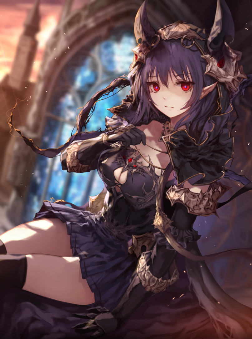 1girl armor bangs black_legwear blue_hair blue_skirt blurry blurry_background breasts capelet cleavage_cutout closed_mouth depth_of_field evening gauntlets gloves horns jname large_breasts long_hair looking_at_viewer original pleated_skirt pointy_ears red_eyes sitting skirt smile solo sunset thigh-highs twilight