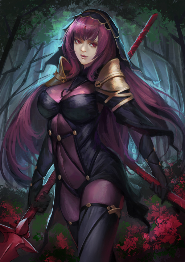 1girl bangs bodysuit breasts covered_navel cowboy_shot dual_wielding fate/grand_order fate_(series) gae_bolg holding holding_weapon large_breasts long_hair looking_at_viewer parted_lips pauldrons phamoz purple_bodysuit purple_hair red_eyes scathach_(fate/grand_order) smile solo veil very_long_hair weapon