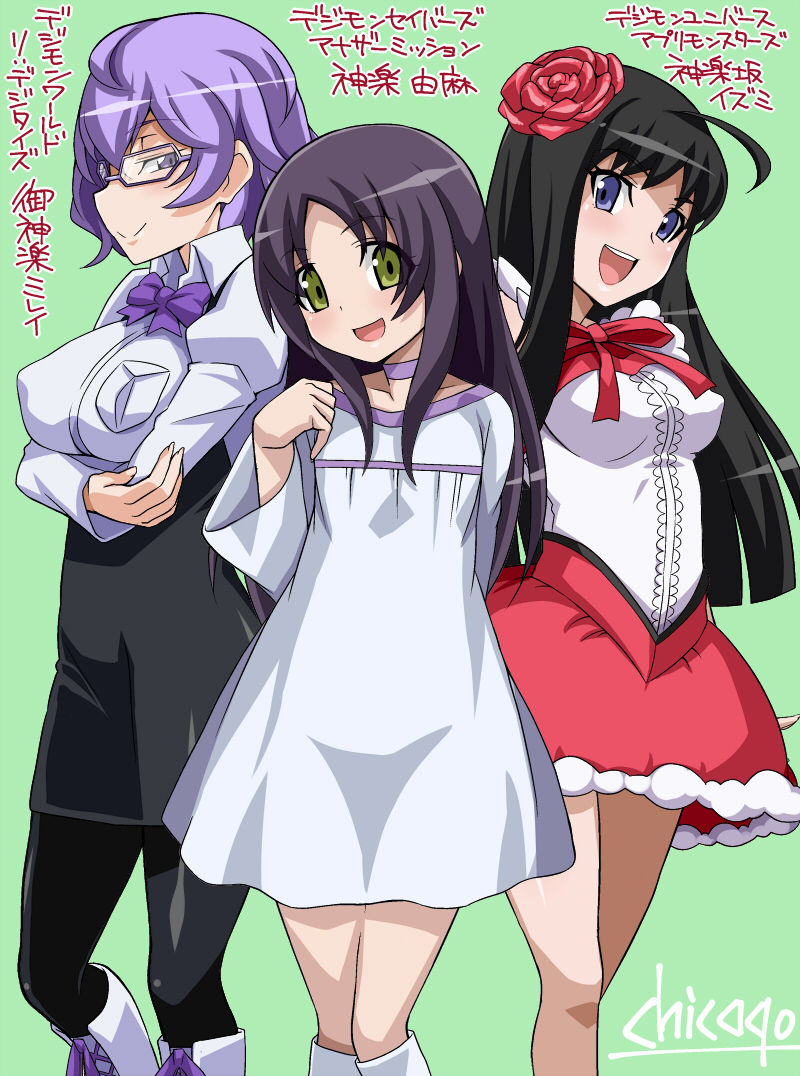 3girls ahoge artist_name black_hair blue_eyes boots breasts chicago-x choker digimon digimon_savers digimon_universe:_appli_monsters digimon_world_re:digitize dress erect_nipples flower glasses hair_flower hair_ornament idol kagura_yuma kagurazaka_izumi large_breasts lavender_eyes lavender_hair long_hair medium_breasts mikagura_mirei multiple_girls open_mouth red_rose red_skirt rose skirt smile translation_request white_boots white_dress yellow_eyes