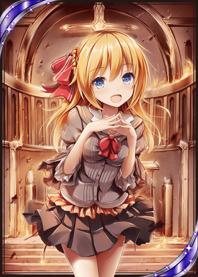 1girl akkijin blue_eyes card_(medium) church cross hair_ribbon looking_at_viewer open_mouth orange_hair red_ribbon ribbon sailor shinkai_no_valkyrie solo