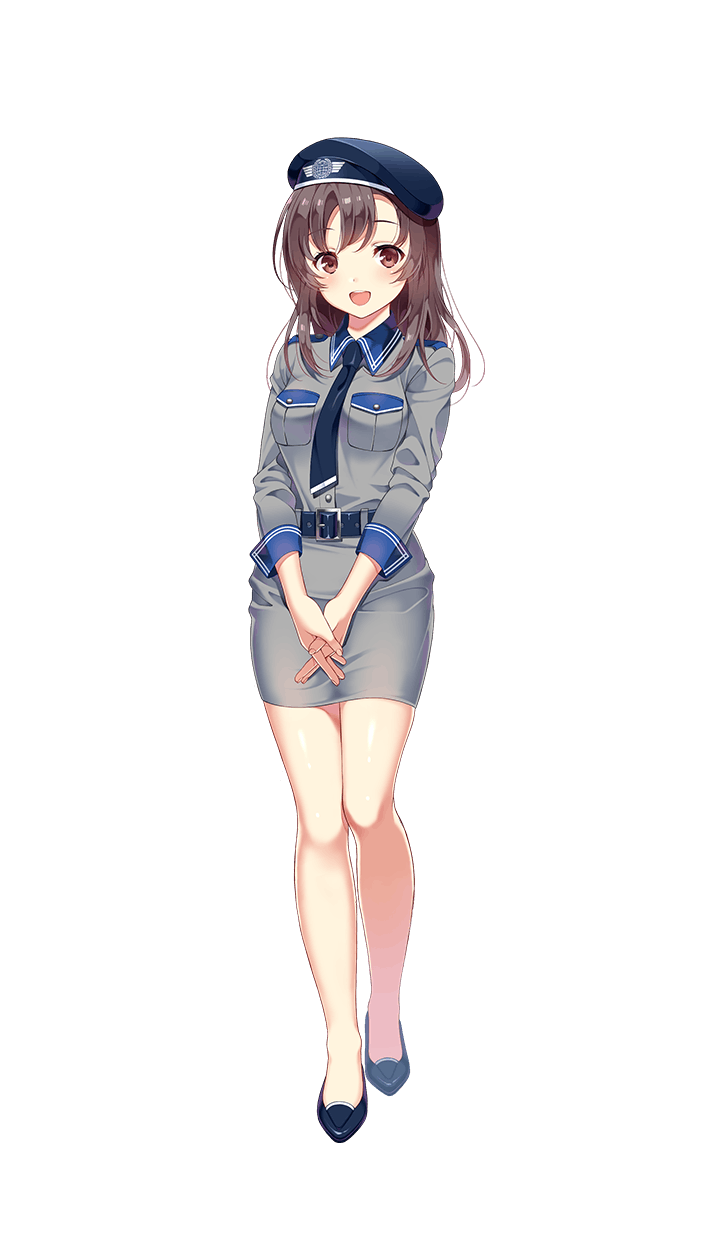 1girl :d beret blue_necktie breast_pocket breasts brown_eyes brown_hair formation_girls full_body hands_together hat high_heels highres hitotose_towa kamura_poku medium_breasts necktie official_art open_mouth pencil_skirt pocket skirt smile solo transparent_background uniform