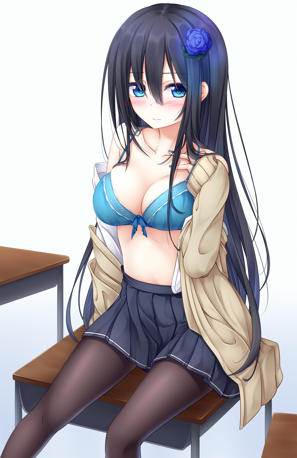 1girl bare_shoulders black_hair black_legwear blazer blue_bra blue_eyes blue_rose blush bra breasts chair cleavage desk flower hair_flower hair_ornament highres jacket long_hair medium_breasts nail_polish navel off_shoulder open_clothes open_shirt original pantyhose rose school_uniform shirt skirt underwear yoye_(pastel_white)