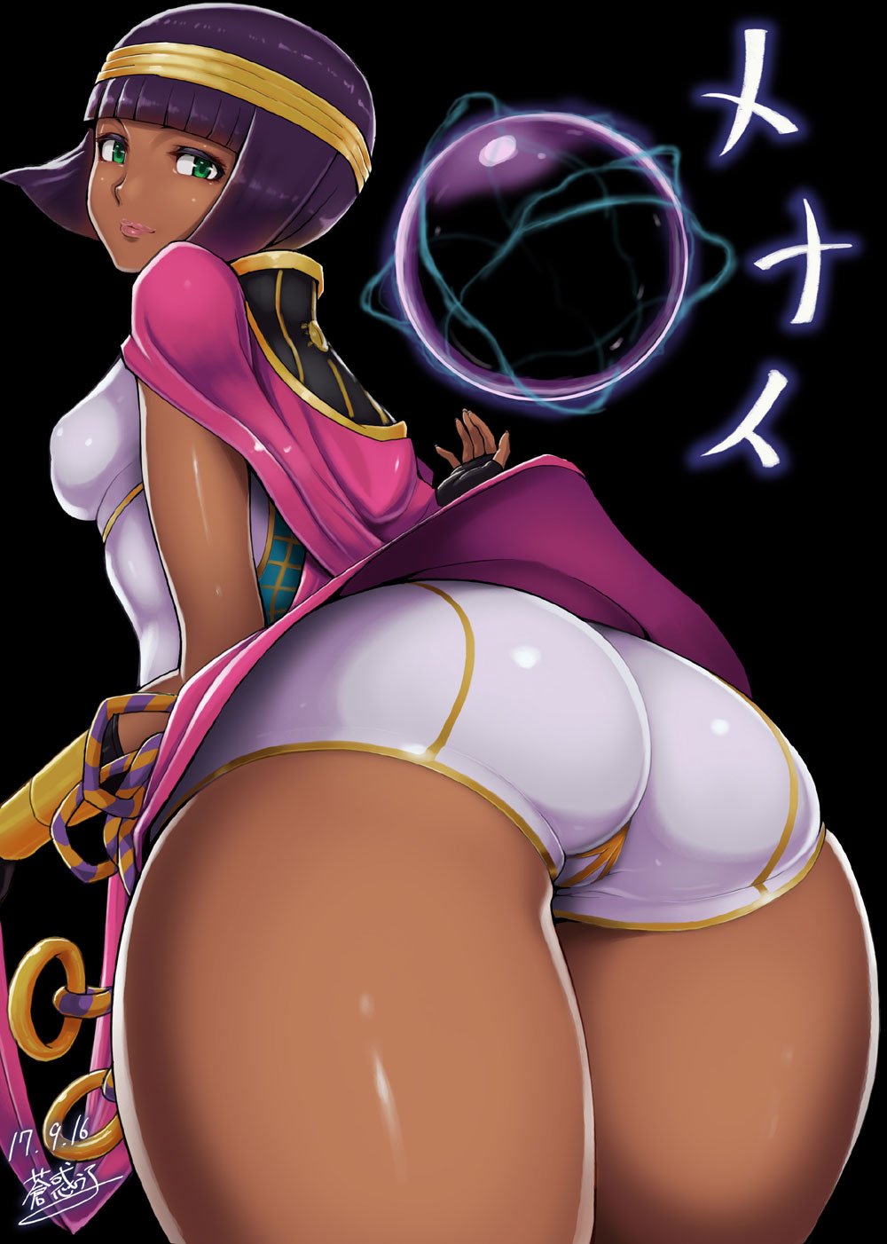 ao_madou-shi ass capcom cape crystal_ball dark-skinned_female dark_skin dress female fingerless_gloves gloves green_eyes highres long_hair looking_at_viewer looking_back menat pink_lips pov purple_hair street_fighter thick_thighs thighs tiara