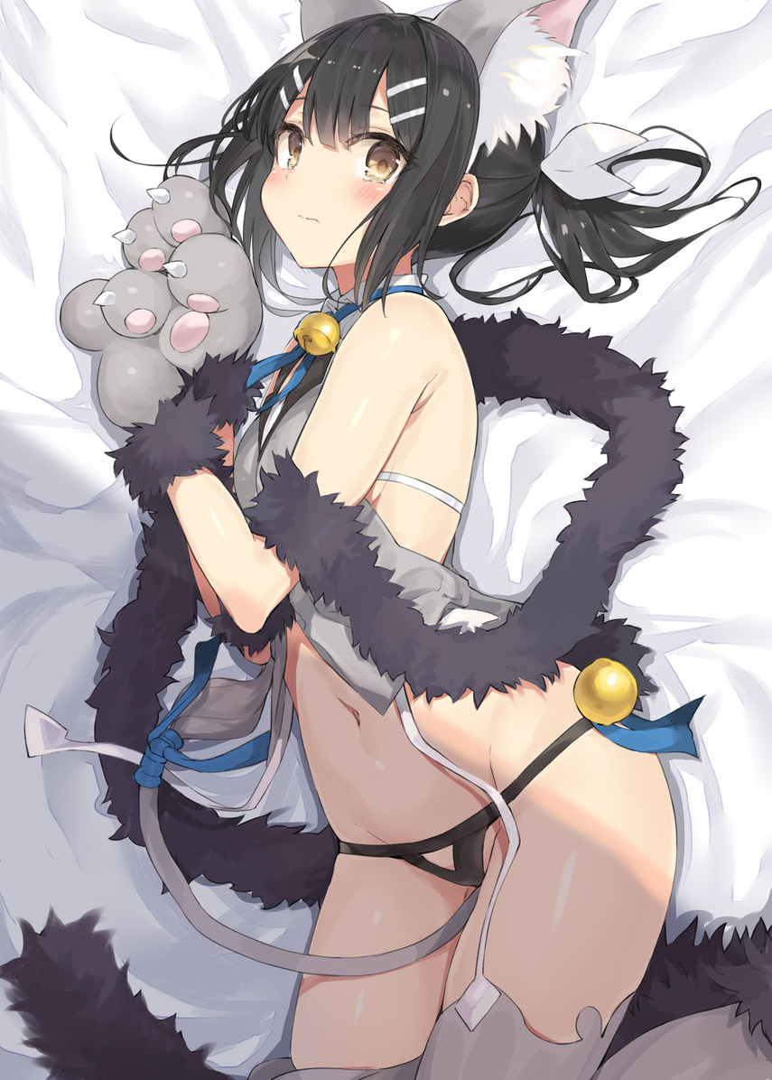 1girl 3: animal_ears bangs bed_sheet bell bell_collar between_legs black_hair black_panties blue_ribbon blush bow brown_eyes closed_mouth collar commentary eyebrows_visible_through_hair fate/kaleid_liner_prisma_illya fate_(series) fur_trim garter_straps grey_legwear hair_bow hair_ornament hairclip jingle_bell looking_at_viewer lying miyu_edelfelt nanananana navel on_side panties paws ponytail ribbon shawl sidelocks solo tail tail_ribbon thigh-highs thighs underwear vest white_bow