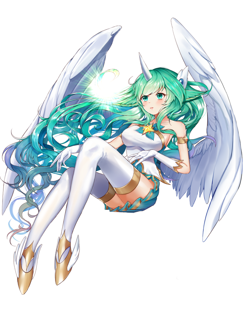 1girl alternate_costume alternate_eye_color alternate_hair_color alternate_hairstyle aqua_eyes aqua_hair full_body gloves green_hair highres horn league_of_legends long_hair shorarung simple_background solo soraka star_guardian_soraka thigh-highs very_long_hair white_background white_gloves white_legwear white_wings wings