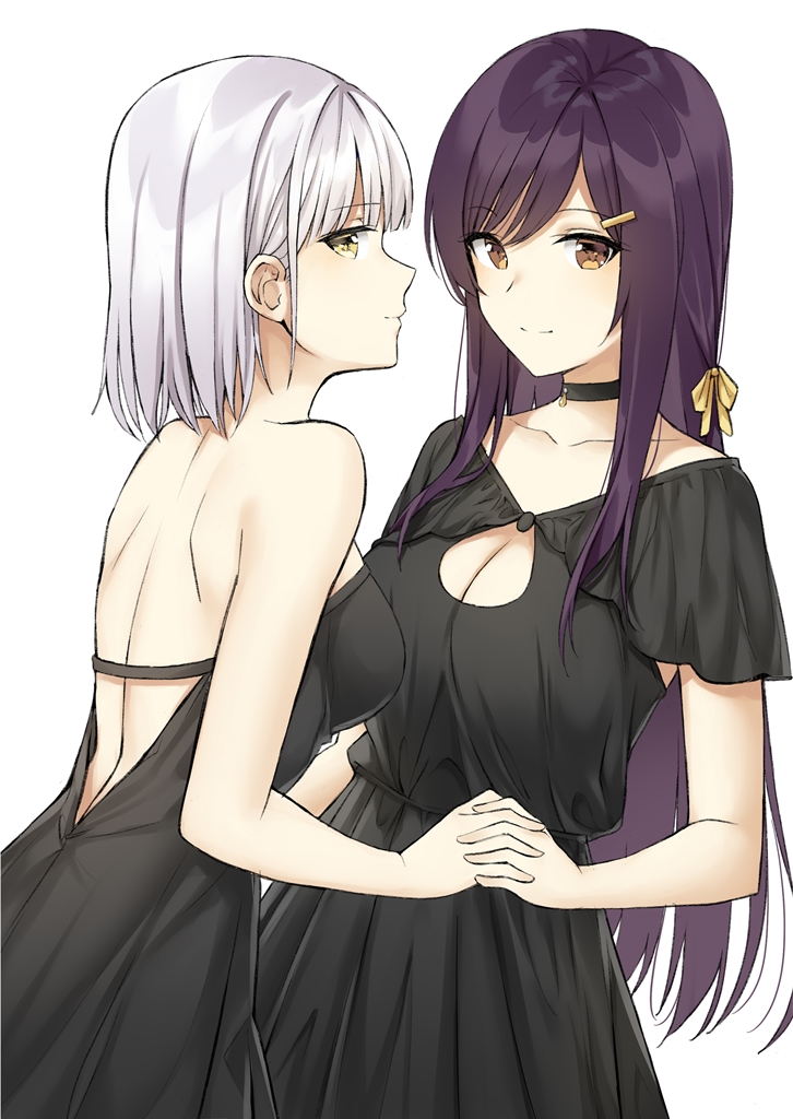 2girls aemu_(august_life) bangs bare_shoulders black_dress breasts brown_eyes cleavage closed_mouth dress eyebrows_visible_through_hair hair_ornament hairclip large_breasts long_hair looking_at_viewer medium_breasts multiple_girls open-back_dress original profile purple_hair short_hair sidelocks silver_hair simple_background smile white_background yellow_eyes