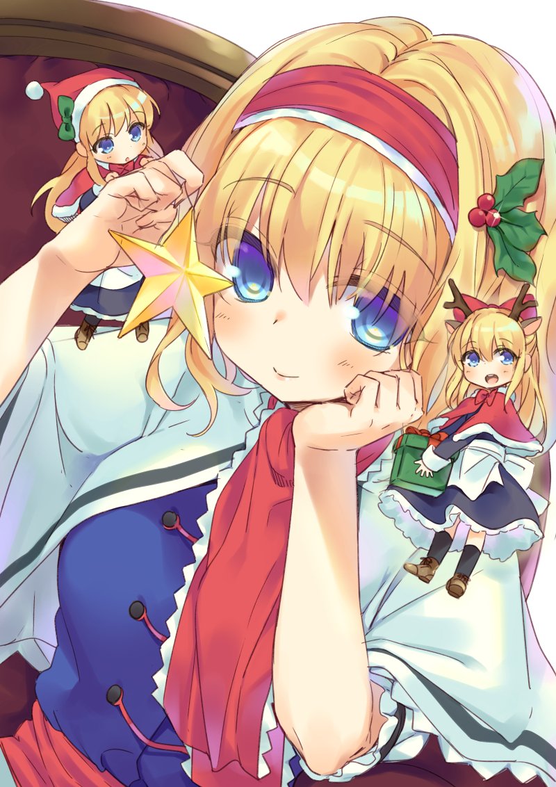 3girls alice_margatroid animal_ears antlers arm_up ascot bangs black_legwear blonde_hair blue_eyes blush bow bowtie brown_shoes capelet closed_mouth eyebrows_visible_through_hair gift green_bow hair_between_eyes hair_bow hair_ornament hairband hand_on_own_cheek hand_up hat hat_bow holding holding_gift holly_hair_ornament hym9594 long_hair looking_at_viewer multiple_girls red_bow red_bowtie red_hairband reindeer_antlers reindeer_ears santa_hat shanghai_doll shoes short_hair sidelocks smile star touhou