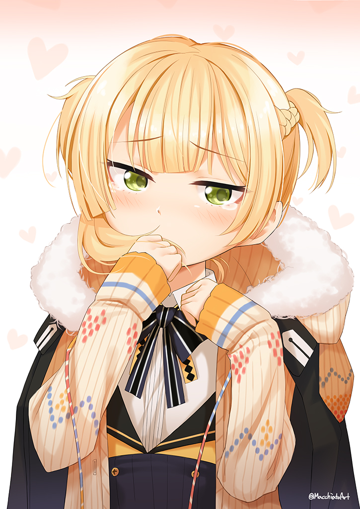 1girl blonde_hair blush cardigan closed_mouth fur_trim girls_frontline gradient gradient_background green_eyes hands_up heart jacket_on_shoulders looking_at_viewer macchiato_(jae-min_cho) short_twintails sleeves_past_wrists solo tears tsurime twintails twitter_username upper_body welrod_mk2_(girls_frontline) younger