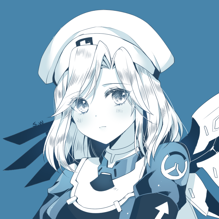 1girl alternate_costume alternate_hairstyle armband artist_name atobesakunolove bangs beret blue blue_background blue_bodysuit blue_eyes blush bodysuit breasts closed_mouth combat_medic_ziegler emblem eyebrows_visible_through_hair eyelashes eyes_visible_through_hair flat_color hat juliet_sleeves lips logo long_sleeves looking_at_viewer mercy_(overwatch) monochrome overwatch parted_bangs puffy_sleeves short_hair signature simple_background small_breasts smile solo spread_wings turtleneck upper_body white_hat wings