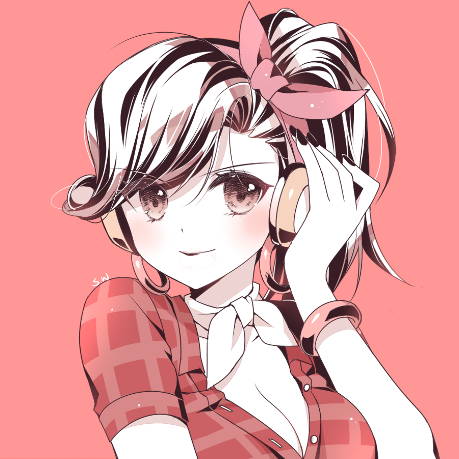 1girl alternate_costume artist_name atobesakunolove bangle bangs blush bracelet breasts brown_eyes brown_hair cleavage closed_mouth collarbone cruiser_d.va d.va_(overwatch) earrings eyebrows_visible_through_hair eyelashes flat_color front-tie_top hand_on_headphones head_scarf headphones hoop_earrings jewelry long_hair looking_at_viewer medium_breasts monochrome neck_ribbon no_bra overwatch plaid plaid_shirt ponytail red red_background red_shirt ribbon shirt short_sleeves signature simple_background smile solo swept_bangs unbuttoned unbuttoned_shirt upper_body white_ribbon