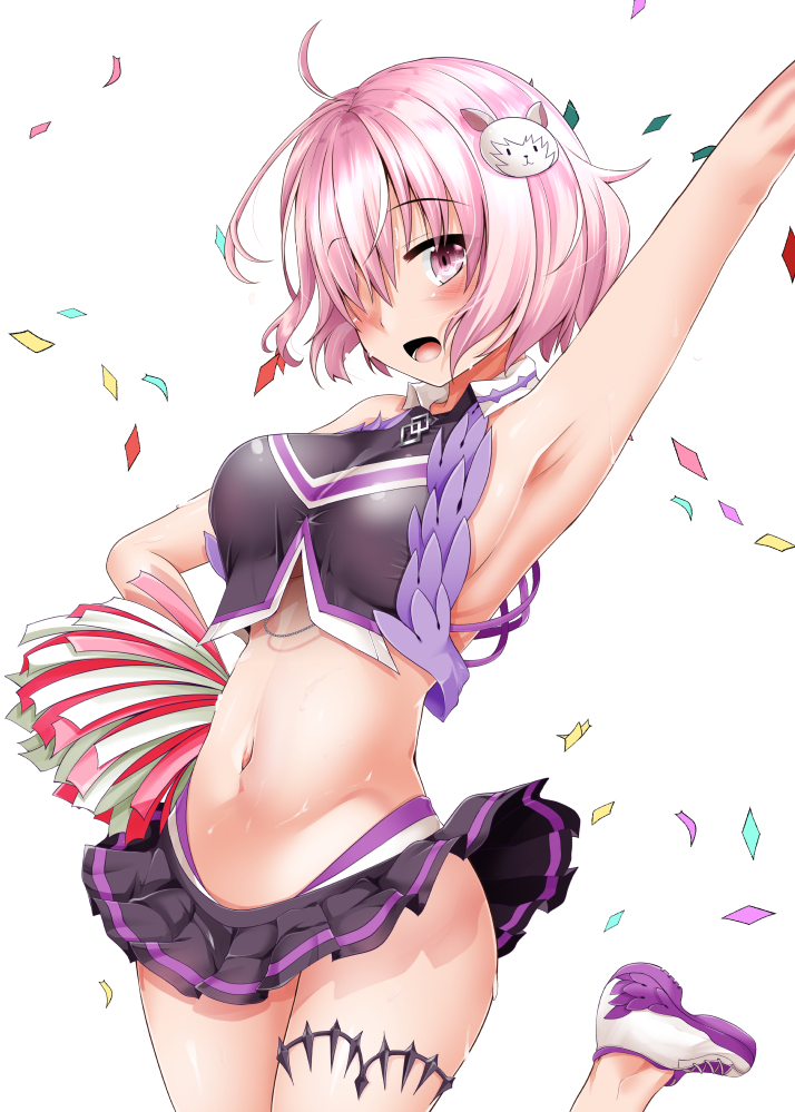 1girl :d arm_up armpits bangs black_skirt blush character_doll cheerleader confetti crop_top eyebrows_visible_through_hair fate/grand_order fate_(series) fou_(fate/grand_order) hair_ornament hair_over_one_eye hand_on_hip looking_at_viewer microskirt midriff navel open_mouth pink_eyes pink_hair pleated_skirt pom_poms shielder_(fate/grand_order) shirosuzu shoes short_hair simple_background skirt smile sneakers solo thigh_strap thighs white_background