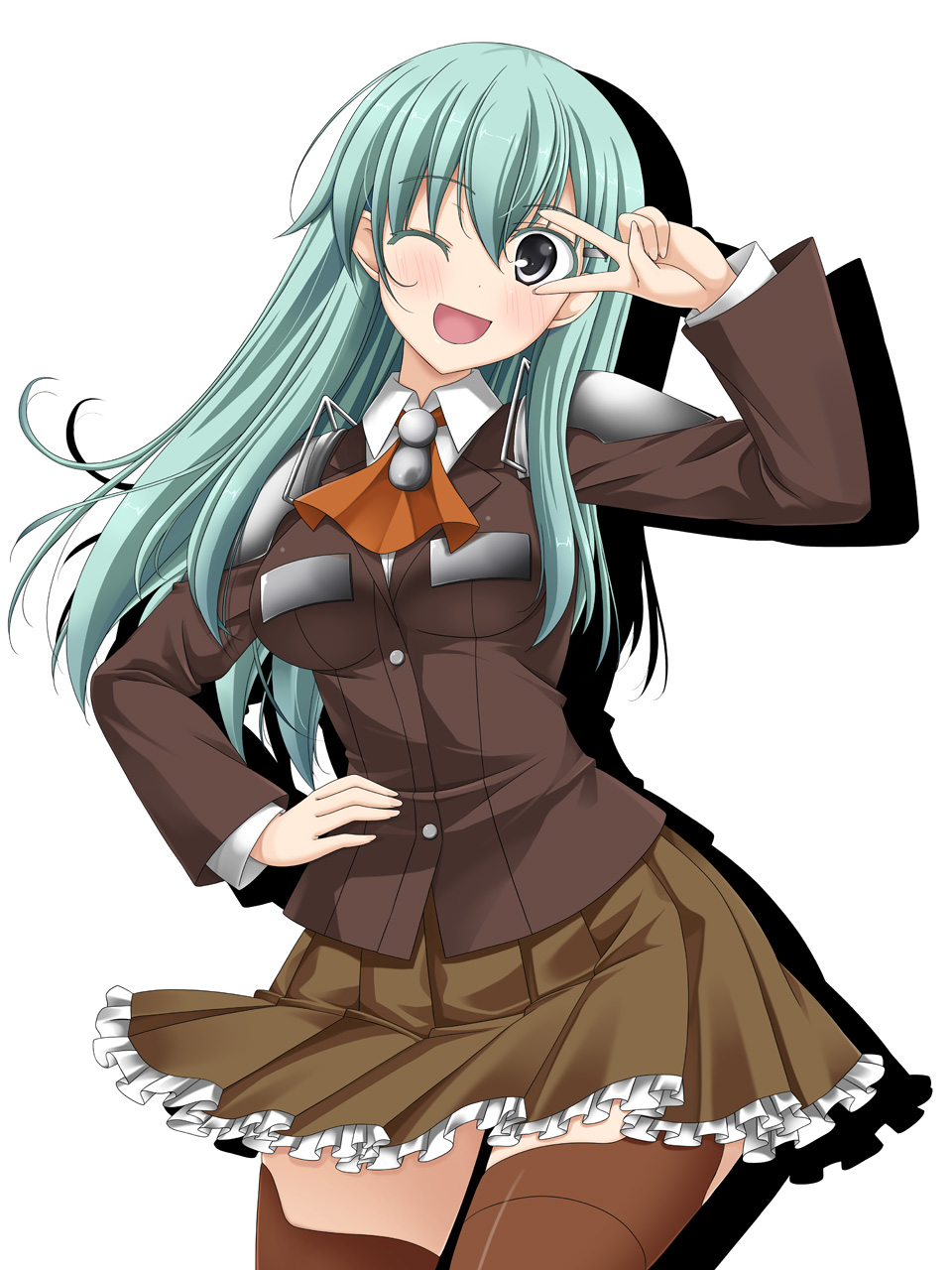 1girl aqua_hair ascot boots commentary_request epaulettes eyebrows_visible_through_hair grey_eyes hand_on_hip highres jacket kantai_collection long_hair looking_at_viewer one_eye_closed open_mouth rappa_(rappaya) school_uniform sidelocks skirt smile solo suzuya_(kantai_collection) thigh-highs white_background