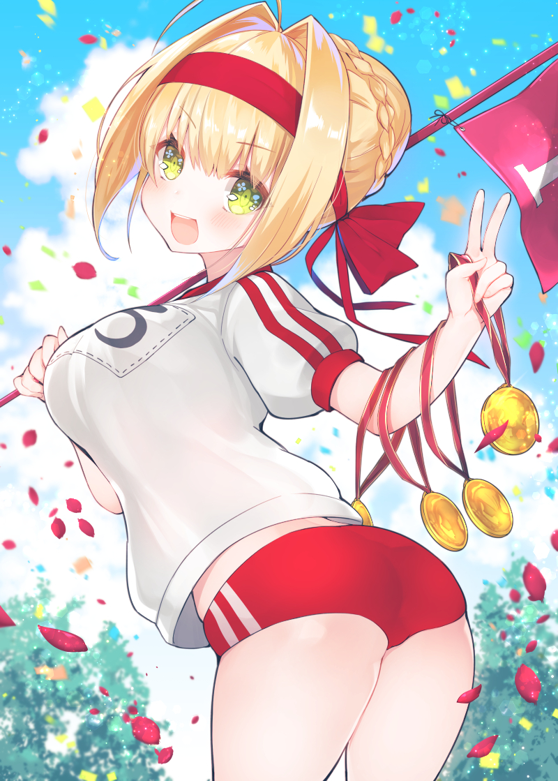 1girl :d ass bangs blonde_hair blue_sky blush braid breasts buruma clouds cloudy_sky confetti day eyebrows_visible_through_hair fate/grand_order fate_(series) french_braid from_behind green_eyes gym_shirt gym_uniform hair_bun hair_intakes hand_up headband holding_flag large_breasts looking_at_viewer looking_back medal name_tag open_mouth outdoors red_buruma saber_extra shirt sidelocks sky smile solo suzuho_hotaru thighs twisted_torso v