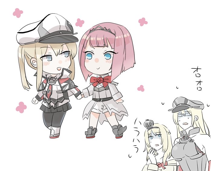 4girls :d anchor ark_royal_(kantai_collection) artist_request bangs bare_shoulders belt bismarck_(kantai_collection) black_legwear black_skirt blonde_hair blue_eyes blunt_bangs blush bob_cut braid breasts capelet celtic_knot chibi closed_mouth collarbone cross crown dress elbow_gloves eye_contact eyebrows_visible_through_hair flower french_braid full_body gloves graf_zeppelin_(kantai_collection) hair_between_eyes hair_ornament hairband hand_holding hat hull_shoes iron_cross jacket kantai_collection long_hair long_sleeves looking_at_another military military_hat military_uniform mini_crown miniskirt mohara_(kabe_wo_utsu) multiple_girls necktie off-shoulder_dress off_shoulder open_mouth pale_face pantyhose peaked_cap pleated_skirt red_ribbon red_rose redhead ribbon rose round_teeth short_hair shorts sidelocks skirt smile sweatdrop teeth tiara twintails uniform walking warspite_(kantai_collection) white_dress white_gloves white_hat white_legwear white_shorts