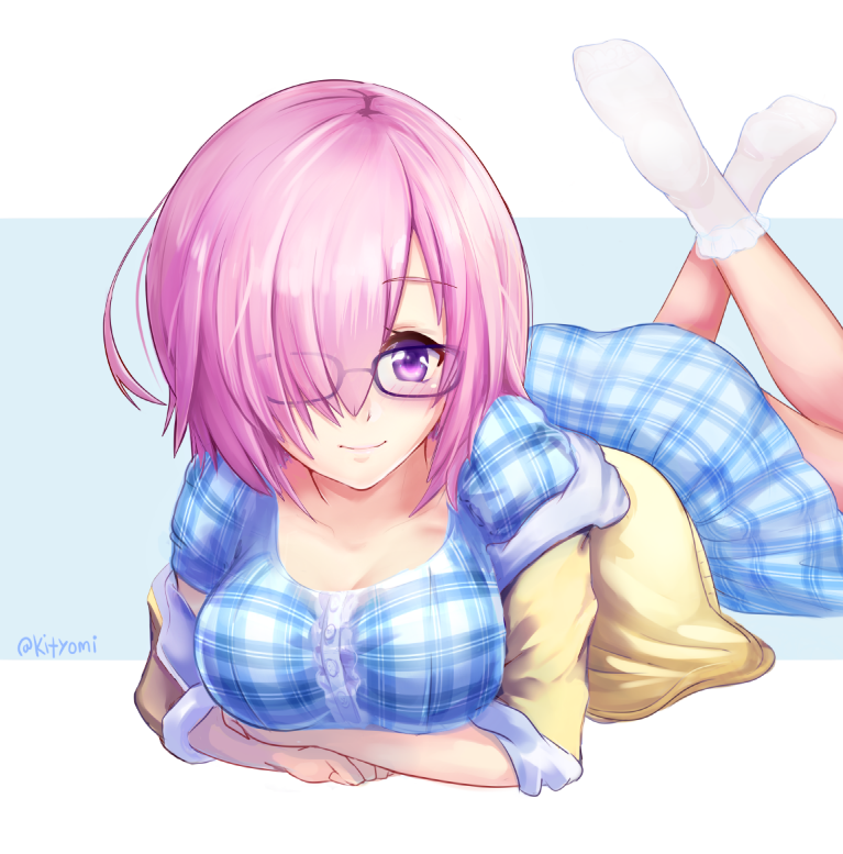 1girl blush breasts dress fate/grand_order fate_(series) glasses hair_over_one_eye jacket kityomi large_breasts looking_at_viewer lying on_stomach plaid plaid_dress purple_hair shielder_(fate/grand_order) short_hair smile socks solo twitter_username violet_eyes