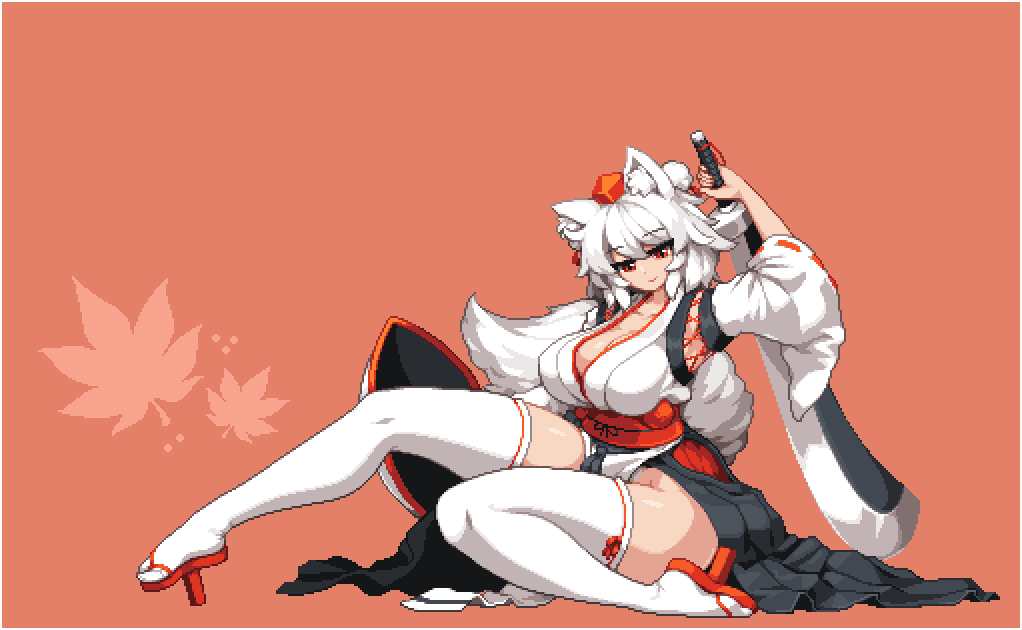 1girl animal_ears arm_up breasts cleavage closed_mouth detached_sleeves eyebrows_visible_through_hair geta hat huge_breasts inubashiri_momiji japanese_clothes kourindou_tengu_costume obi pelvic_curtain pixel_art pom_pom_(clothes) red_eyes ribbon-trimmed_sleeves ribbon_trim sash sitting smile solo sword tail takorin thigh-highs tokin_hat touhou weapon white_hair white_legwear