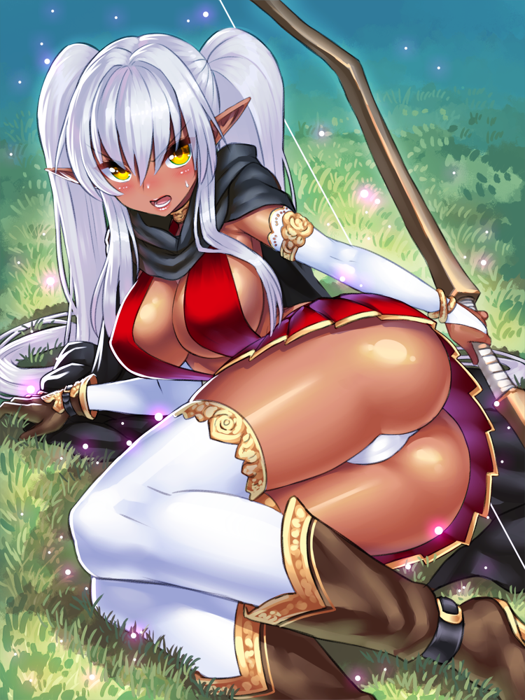 1girl ass black_panties blush boots bow_(weapon) breasts bridal_gauntlets cleavage cloak dark_elf dark_skin elf gloves large_breasts long_hair looking_at_viewer open_mouth original panties pointy_ears silver_hair single_glove skirt solo thigh-highs twintails underwear weapon yapo_(croquis_side) yellow_eyes