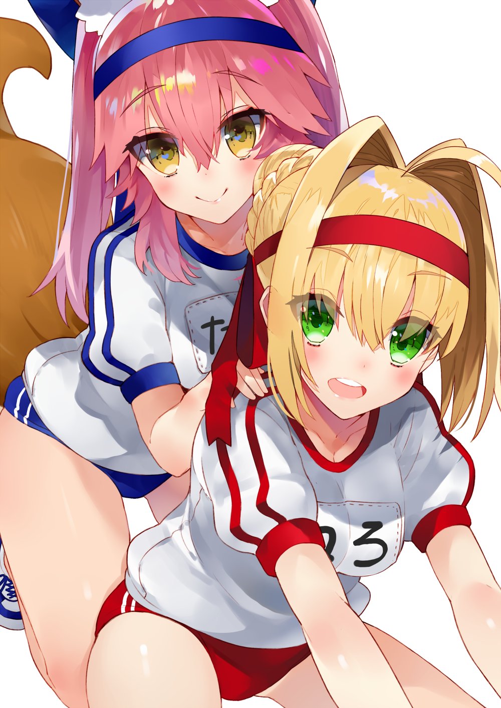 2girls ahoge animal_ears bangs blonde_hair blue_buruma blue_hairband blush commentary_request eyebrows_visible_through_hair fate/extra fate/grand_order fate_(series) fox_ears fox_tail green_eyes gym_shirt hair_between_eyes hair_intakes hairband hands_on_another's_shoulders highres kneeling kou_mashiro long_hair looking_at_viewer multiple_girls name_tag nero_claudius_(fate) nero_claudius_(fate)_(all) open_mouth pink_hair red_buruma red_hairband shirt shoes sidelocks simple_background sitting smile sneakers stretch tail tamamo_(fate)_(all) tamamo_no_mae_(fate) thighs twintails white_background white_shirt yellow_eyes
