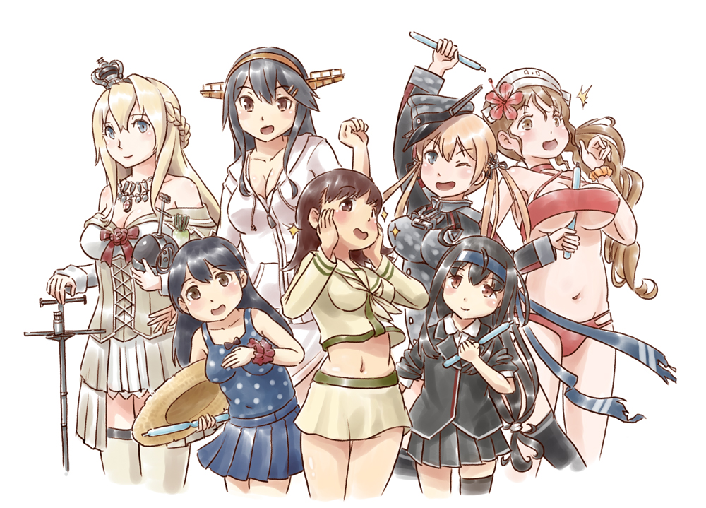 6+girls ahoge aqua_eyes between_breasts bikini black_eyes black_hair black_skirt blazer blonde_hair blue_skirt blue_swimsuit braid breasts brown_eyes brown_hair casual_one-piece_swimsuit cowboy_shot crown dress flower french_braid globus_cruciger hairband haruna_(kantai_collection) hat hatsushimo_(kantai_collection) headband headgear italia_(kantai_collection) jacket jewelry kantai_collection karasu_(naoshow357) littorio_(kantai_collection) long_hair looking_at_viewer low_twintails midriff military military_hat military_uniform mini_crown multiple_girls navel necklace off-shoulder_dress off_shoulder one-piece_swimsuit ooi_(kantai_collection) peaked_cap pleated_skirt polka_dot polka_dot_swimsuit prinz_eugen_(kantai_collection) red_bikini red_eyes red_rose remodel_(kantai_collection) rose scepter school_uniform single_thighhigh skirt standing swimsuit thigh-highs tupet twintails uniform ushio_(kantai_collection) warspite_(kantai_collection) white_dress white_jacket yellow_serafuku