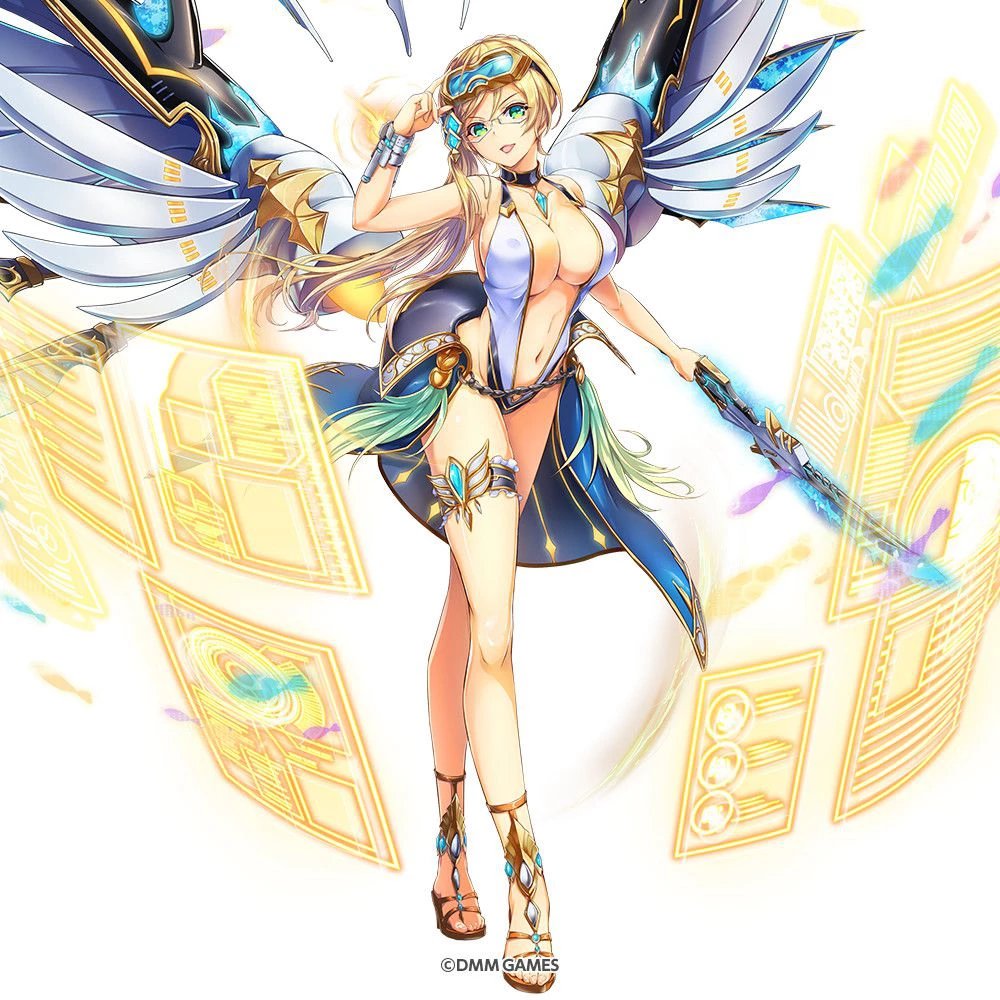 blonde_hair bracelet braid breasts choker company_name covered_nipples dmm fish gabriel_(kami_project) glasses goggles goggles_on_head green_eyes hair_ornament highleg highleg_swimsuit holographic_interface holographic_monitor jewelry kami_project large_breasts legband looking_at_viewer mechanical_wings navel official_art one-piece_swimsuit sandals short_hair short_sword side_braid solo swimsuit sword weapon white_background white_swimsuit wings