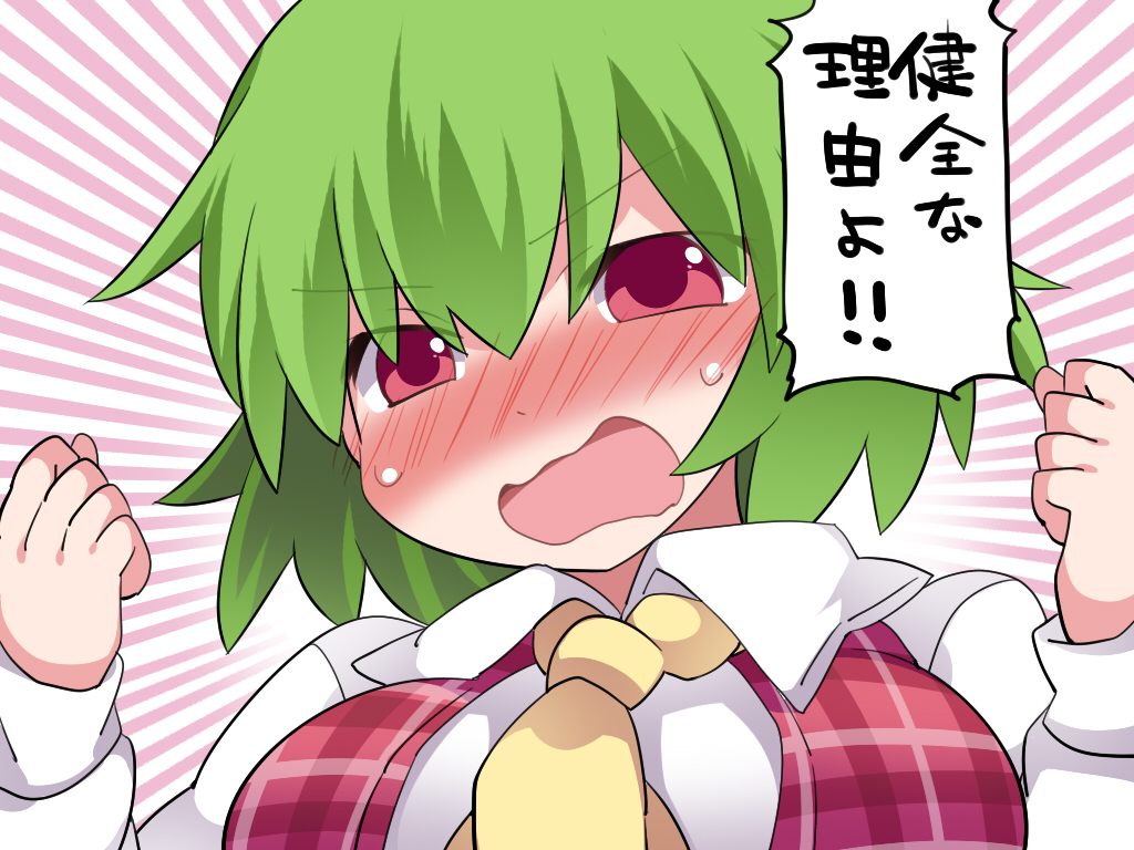 1girl ascot blush clenched_hands dress_shirt embarrassed hammer_(sunset_beach) kazami_yuuka open_mouth plaid plaid_vest red_eyes shirt short_hair solo touhou translation_request upper_body vest