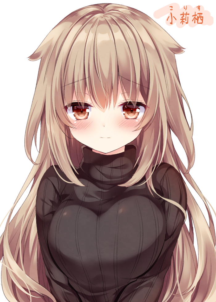 1girl bangs black_sweater blush breasts brown_eyes brown_hair character_name closed_mouth eyebrows_visible_through_hair hair_flaps half-closed_eyes large_breasts light_smile long_hair nogi_takayoshi original ribbed_sweater sidelocks simple_background solo sweater upper_body v_arms white_background