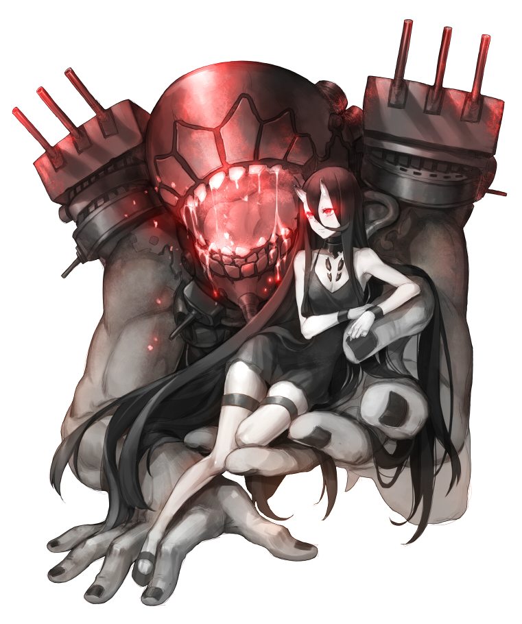 1girl bare_shoulders battleship_hime black_choker black_dress black_hair black_shoes breasts cannon choker closed_mouth commentary_request dress fhalei hair_between_eyes kantai_collection legband long_hair looking_to_the_side machinery mary_janes medium_breasts monster oni oni_horns red_eyes shinkaisei-kan shoes sitting skirt smile very_long_hair white_skirt wristband