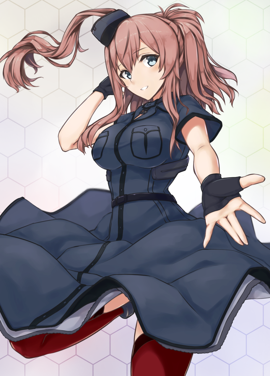 1girl black_dress blue_eyes breast_pocket breasts brown_hair cowboy_shot dress enchuu fingerless_gloves foreshortening gloves hexagonal_background highres kantai_collection long_hair looking_at_viewer pocket ponytail red_legwear remodel_(kantai_collection) saratoga_(kantai_collection) side_ponytail solo thigh-highs white_background