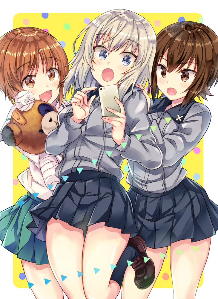 3girls bandage bandaid bangs black_legwear black_shoes black_skirt blouse boko_(girls_und_panzer) brown_eyes brown_hair cellphone commentary_request dress_shirt eyebrows_visible_through_hair girls_und_panzer green-skirt grey_shirt holding holding_cellphone holding_phone holding_stuffed_animal itsumi_erika kneehighs kuromorimine_school_uniform loafers long_hair long_sleeves looking_at_another miniskirt multiple_girls nishizumi_maho nishizumi_miho ooarai_school_uniform open_mouth outside_border phone pleated_skirt polka_dot polka_dot_background school_uniform serafuku shirt shoes short_hair siblings sisters skirt smartphone smile socks standing standing_on_one_leg stuffed_animal stuffed_toy takitarou teddy_bear white_blouse yellow_background