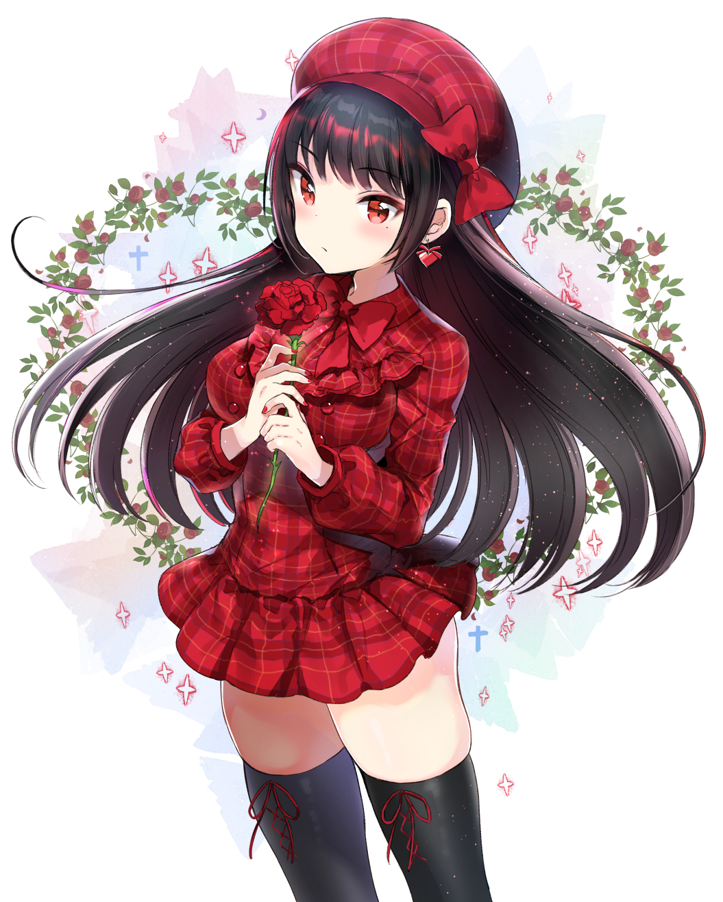 1girl bangs beret black_hair black_legwear bow earrings eyebrows_visible_through_hair flower frills hands_up hat hat_bow hayama_eishi heart heart_earrings highres holding holding_flower jewelry long_hair original red_bow red_eyes red_rose rose sidelocks skindentation solo sparkle thigh-highs very_long_hair zettai_ryouiki