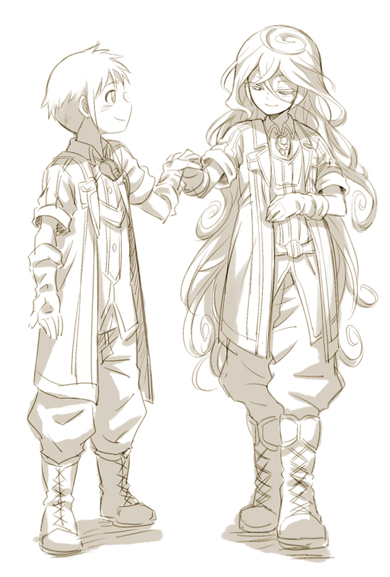 1boy 1girl blush boots closed_eyes closed_mouth collared_shirt cr72 full_body gloves hair_between_eyes hand_holding hand_on_own_stomach jacket long_hair looking_at_viewer lyza made_in_abyss monochrome open_clothes open_jacket pants profile shirt short_hair sideways_mouth sketch smile standing torka very_long_hair wing_collar